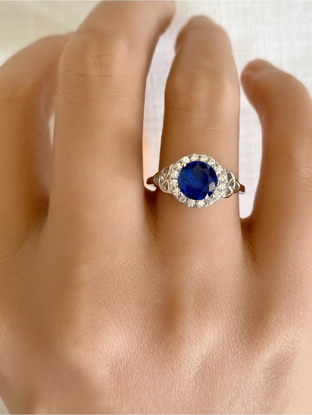 Round Cut Blue Sapphire Celtic Knot 925 Sterling Silver Halo CZ Women’s Ring